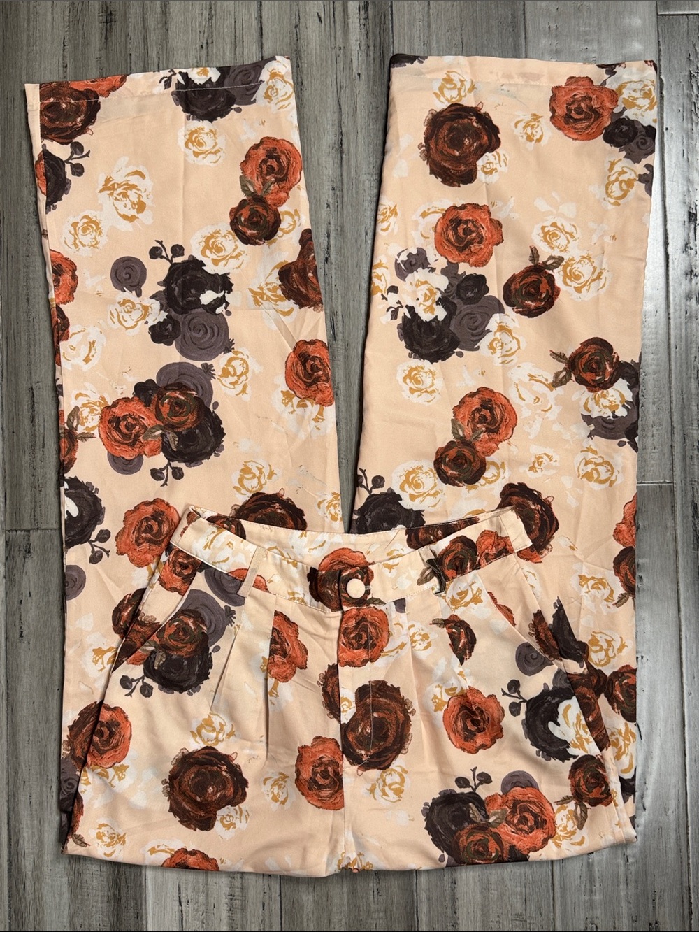 BAILEY ROSE FLORAL HIGH RISE WIDE LEG TROUSER PANTS CREAM BROWN ROSES SIZE MED - Picture 3 of 11